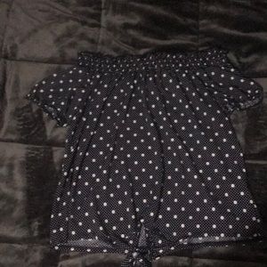 Navy Blue Polka Dot Off The Shoulder Blouse